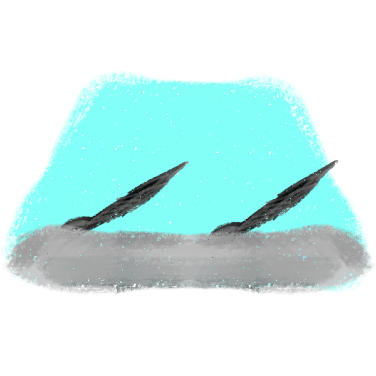 a stylized view of a car’s windshield, with two windshield wipers positioned diagonally across the glass. The windshield has a teal colour.